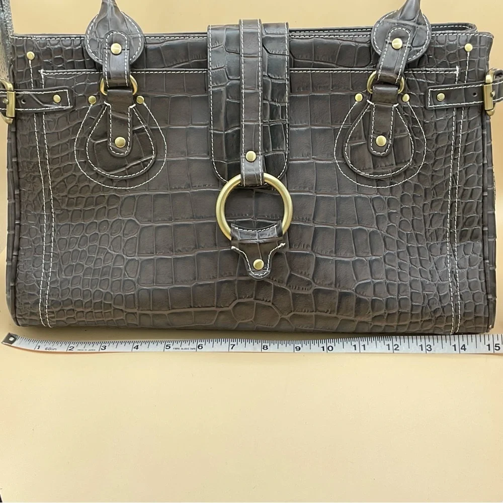 CHARLIE LAPSON Crocodile brown leather embossed shoulder bag.